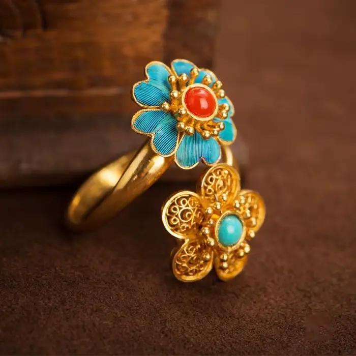 Bague ouverte en tourmaline rouge naturelle style palais rétro chinois artisanat unique or prairie bijoux de luxe pour femmes occasions spéciales anniversaire elegance distinction