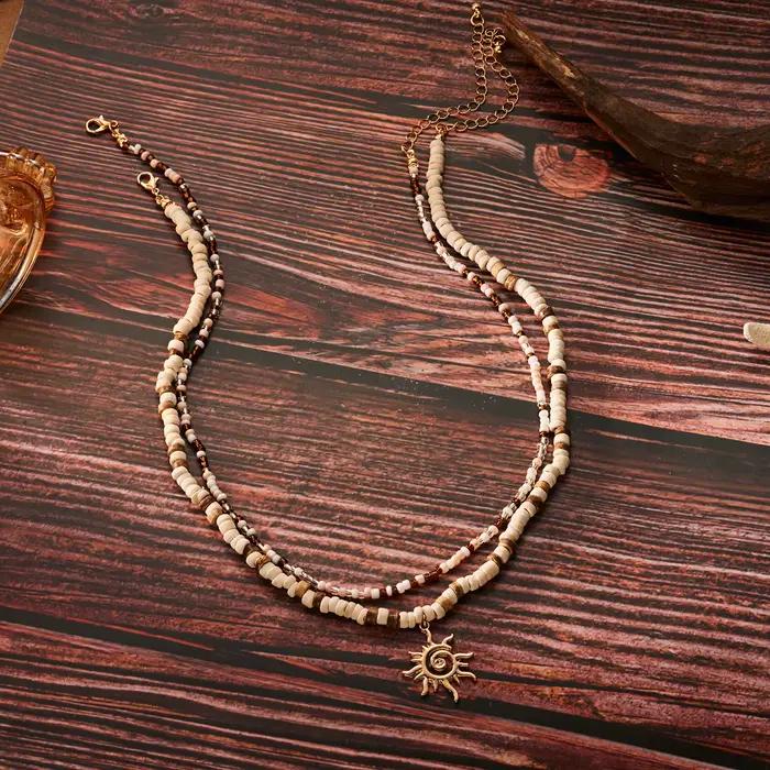 Collier Vintage Boho en perles de bois de noix de coco pour femmes, 2 pièces, pendentif soleil de Style ethnique, perles de riz, bijoux cadeaux de fête sur la plage