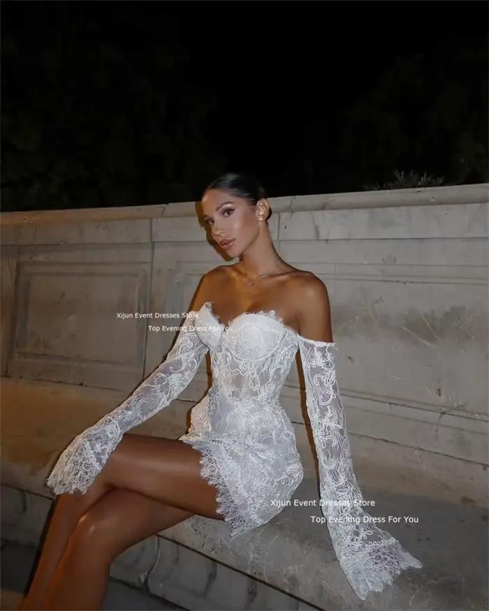 Robe de mariée courte en dentelle à manches en cœur, tenue de bal, mini, moderne, pour cérémonie de mariage ou soirée de gala