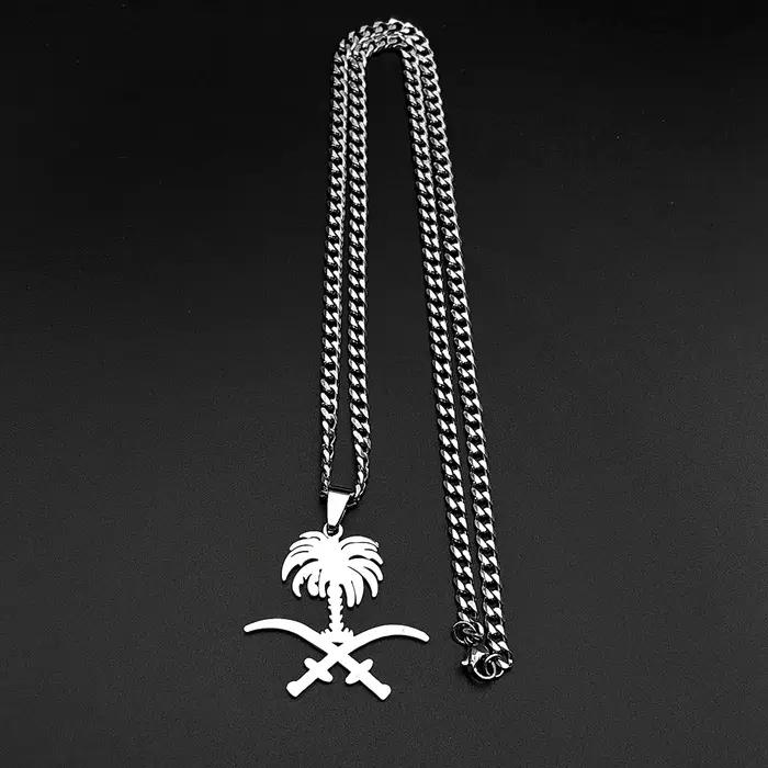 Collier pendentif emblème national d'Arabie Saoudite, palmier et épée croisée Ali, en acier inoxydable couleur or, bijoux arabes islamiques