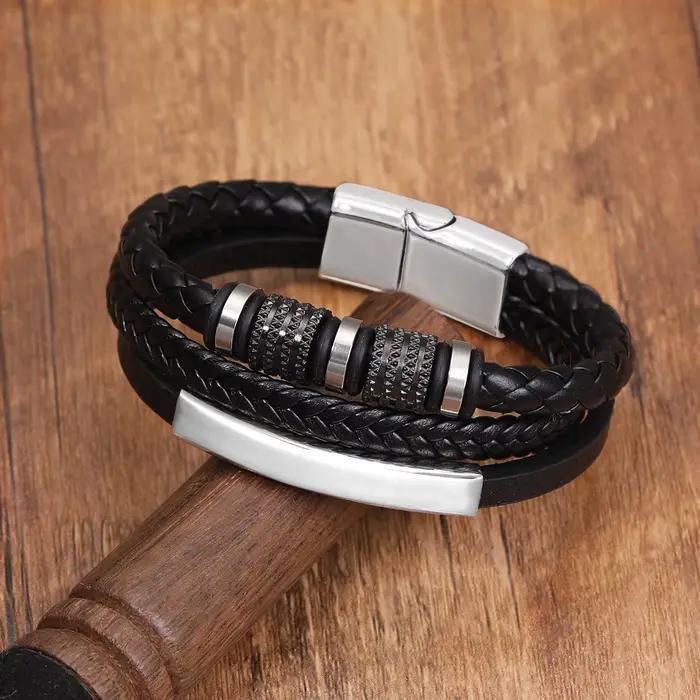Bracelets en cuir pour hommes, nouveaux accessoires combinés multicouches tissés à la main, bijoux classiques pour hommes, vente en gros directe