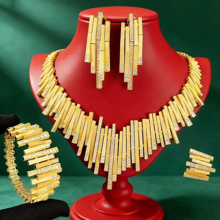 Nouvel ensemble de bijoux de luxe en maille dorée, collier, boucles d'oreilles, bracelet et bague pour occasions spéciales, le cadeau idéal