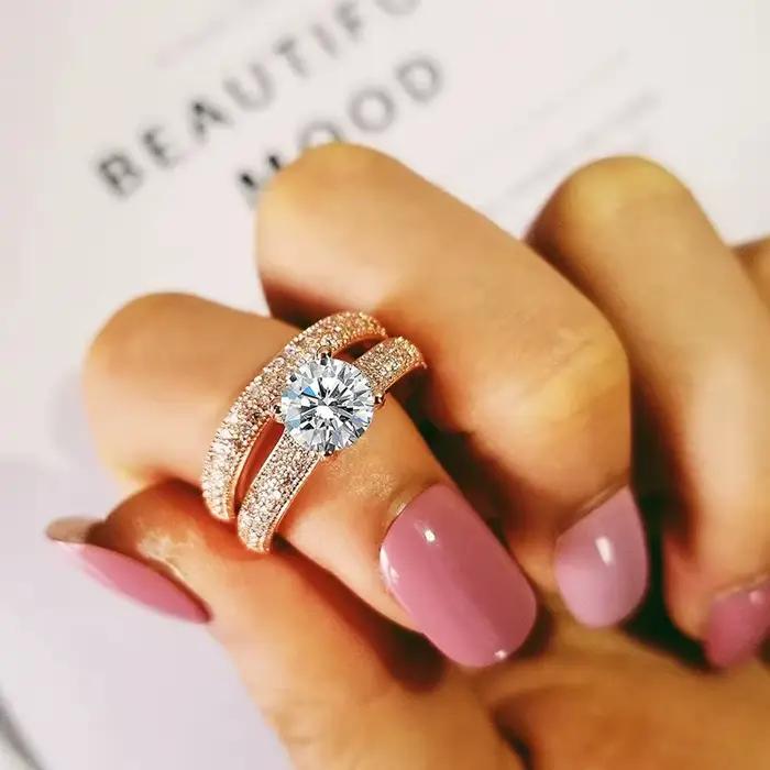 CC-Ensemble de matiques de documents en or rose pour femme, double empilable, bijoux de mode, accessoires de mariage et de fiançailles, CC634, 2 pièces