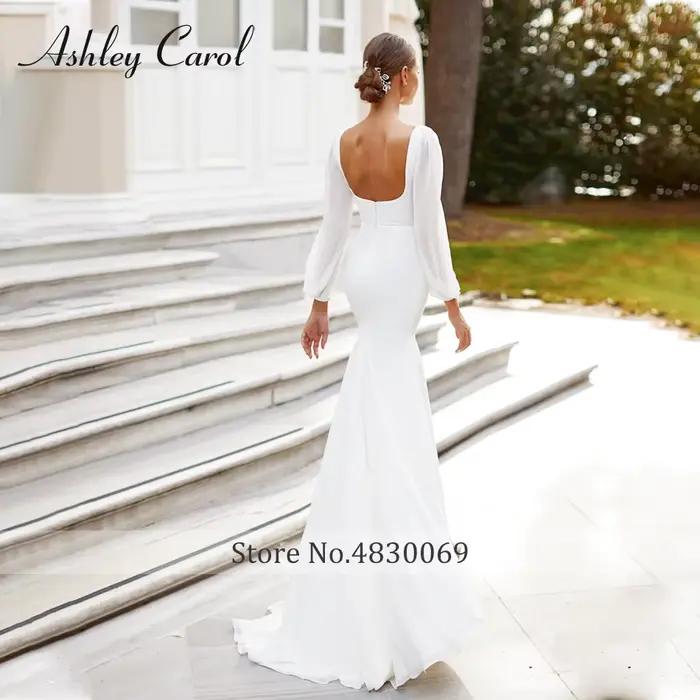 Ashley Carol Robe de Mariée Sirène Col Carré Dos Nu Manches Bouffantes Mousseline de Soie Ourlet Fendu Occasions Spéciales