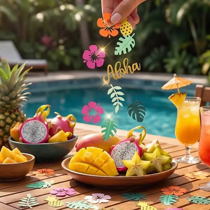 100 pièces de confettis de table Hawaï, fleurs tropicales, feuilles de palmier Aloha, décoration pour anniversaire d'été, fournitures de fête DIY