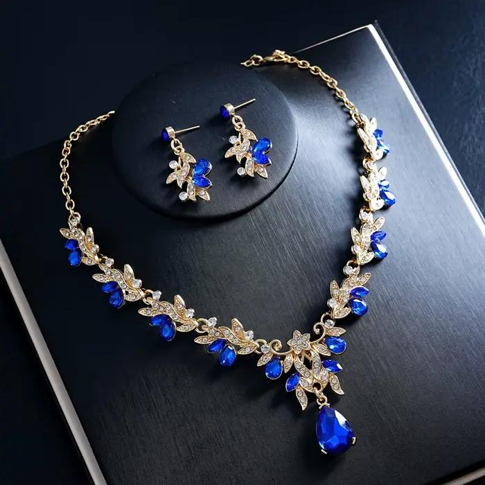 Parure de bijoux étincelante Goutte d'eau florale pour femme : Collier