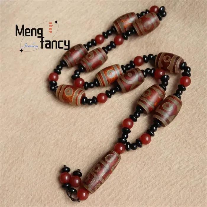 Collier rétro en Agate naturelle de perles célestes à neuf yeux givrées, chaîne de pull de style ancien, mascottes de haute qualité, bijoux à la mode