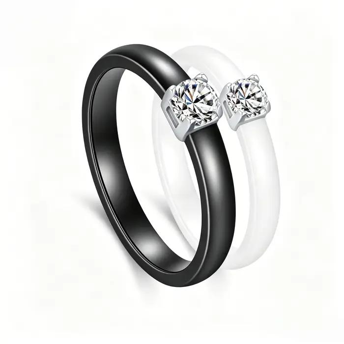 Bague en Céramique Noire Blanche avec Moissanite 0.25ct pour Femme