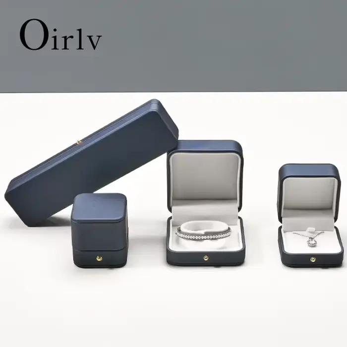 Coffret à bijoux en cuir bleu marine et velours blanc pour colliers, bagues, organisateur cadeau/stockage Premium pour emballage de bijoutier de luxe