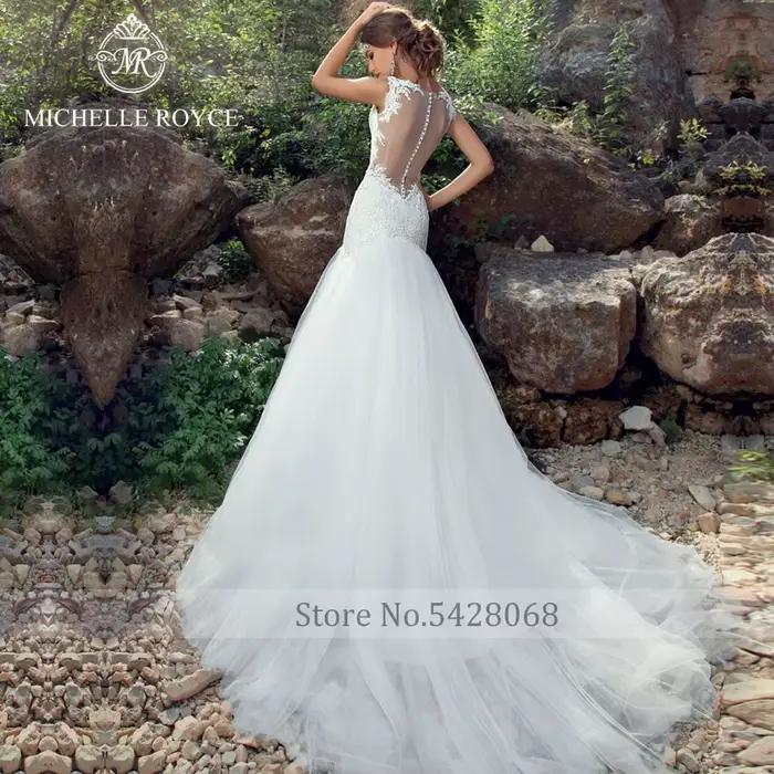 Robe de mariée Michelle Royce Sirène avec Appliques et Bouton Illusion Longueur au Sol pour Femmes Occasions Spéciales