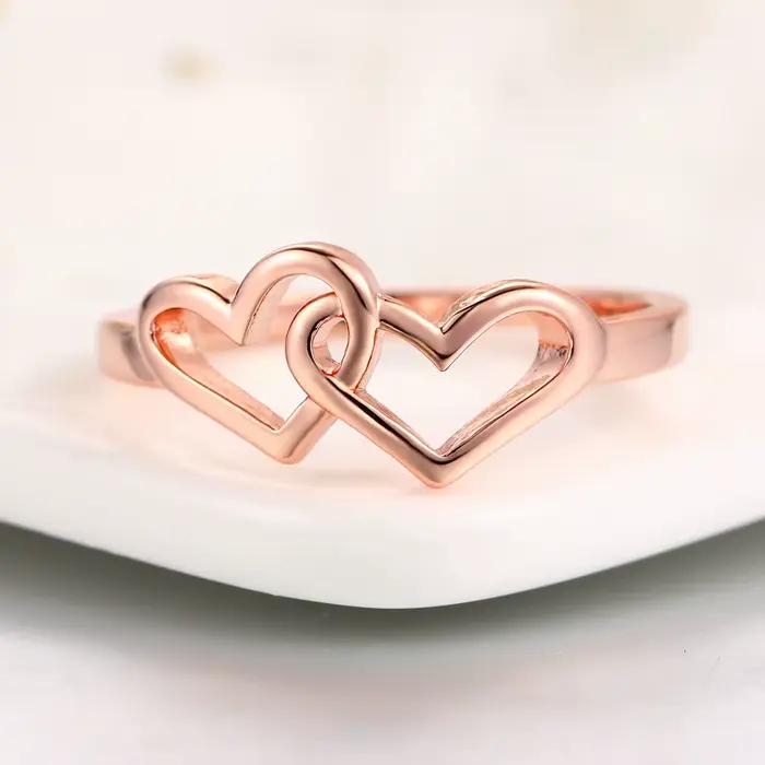 Bague Coeur à Coeur en Or Rose ou Plaqué Platine pour Femme, Alliance de Mariage, Bijou Fantaisie à Offrir pour Occasions Spéciales