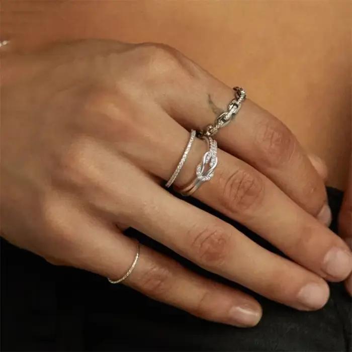 Bagues de Couple à nœud géométrique, bicouche Simple, luxe, Zircon brillant, accessoires de bijoux de fiançailles pour mariée