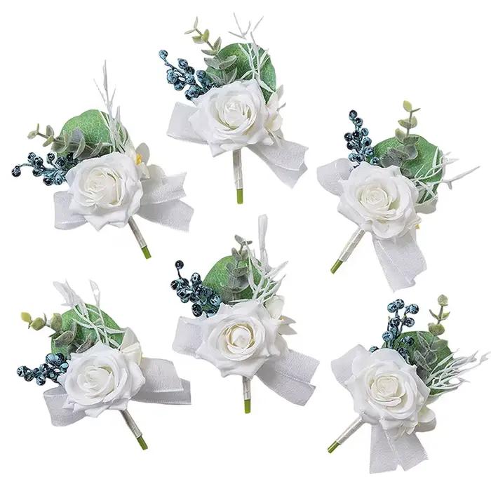 Boutonnière pour hommes, 6 pièces, accessoires de bal de mariage, Corsage de poignet, fleurs artificielles, décoration de cérémonie de remise de diplôme