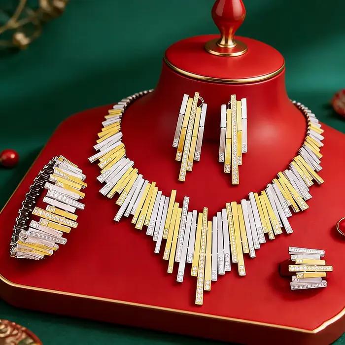 Nouvel ensemble de bijoux de luxe en maille dorée, collier, boucles d'oreilles, bracelet et bague pour occasions spéciales, le cadeau idéal