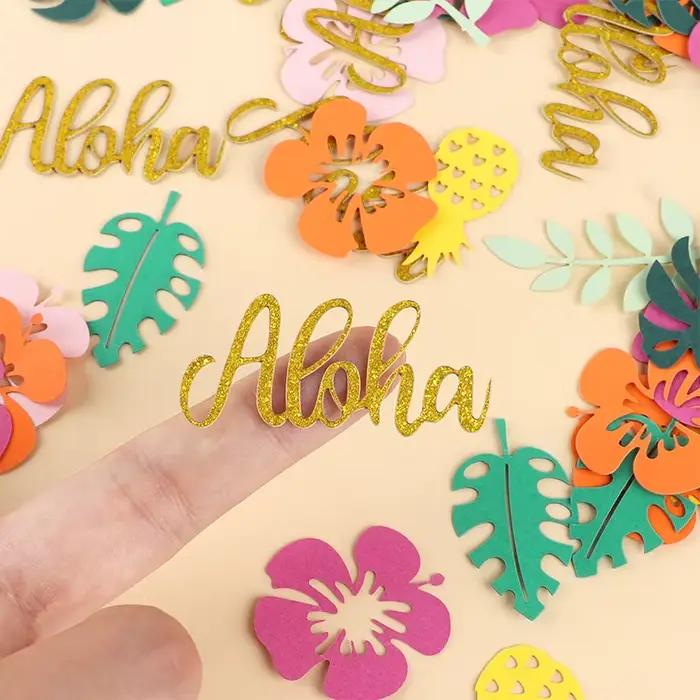 100 pièces de confettis de table Hawaï, fleurs tropicales, feuilles de palmier Aloha, décoration pour anniversaire d'été, fournitures de fête DIY