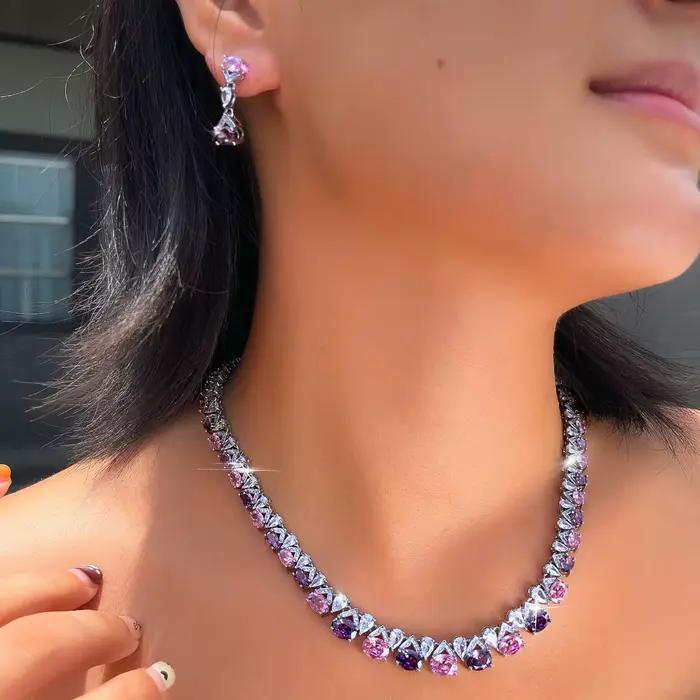 BeaQueen – ensemble collier et boucles d'oreilles de luxe en zircone cubique rose et violet pour femmes, bijoux de mariage en cristal, cadeau T1044