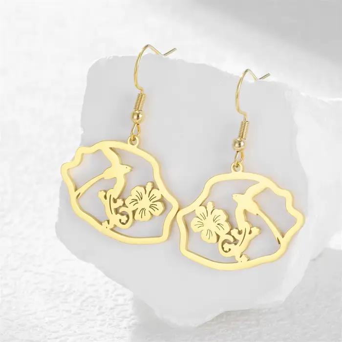 Boucles d'oreilles pendantes Eueavan Réunion Island Map en acier inoxydable, tortue de mer et hibiscus, pour femme, style polynésien, cadeau bijoux