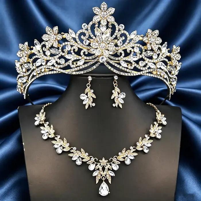 Ensembles de bijoux de mariage Princesse Fleur diadèmes colliers boucles d'oreilles cristal floral pour femmes occasions spéciales