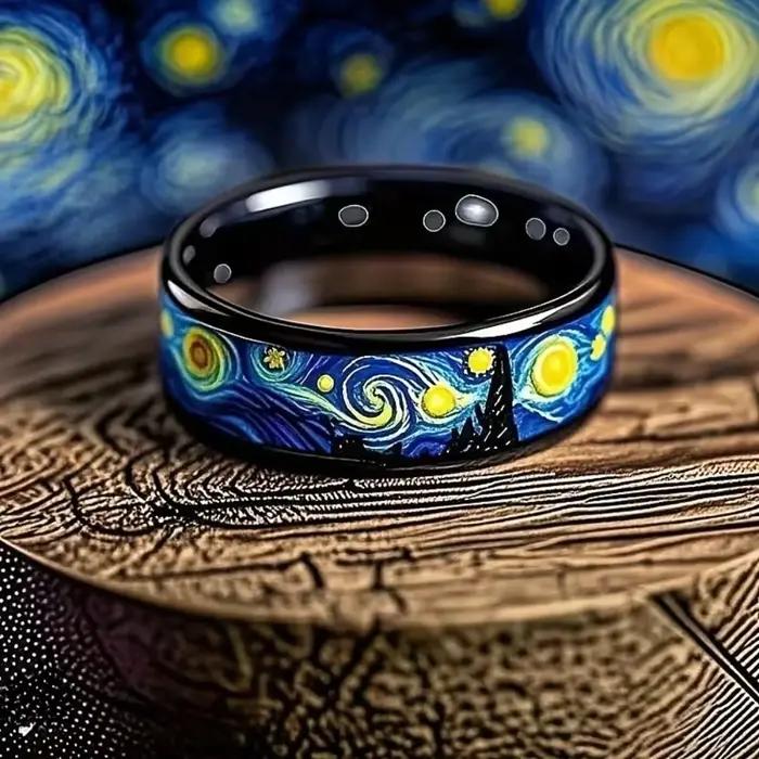 Bague noire à motif de nuit étoilée Unique pour hommes et femmes