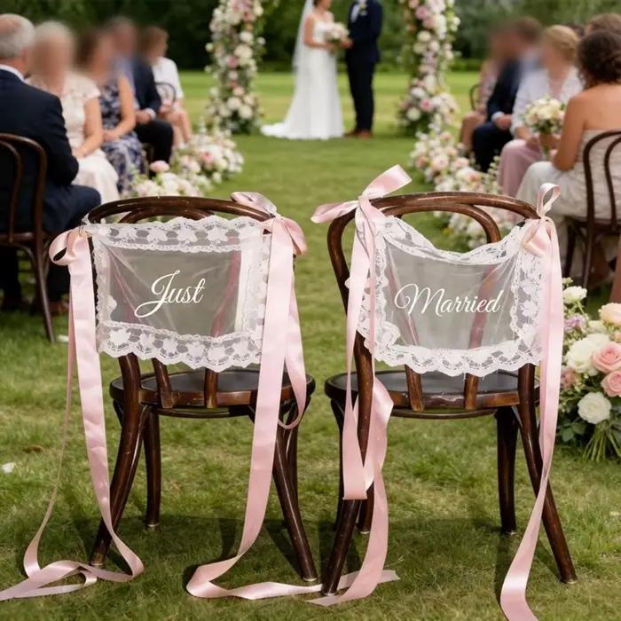 2 pièces de décorations en dentelle pour dossier de chaise de mariage, avec ruban et enseignes 'Just Married' pour chaises de mariés, bannières en dentelle transparente