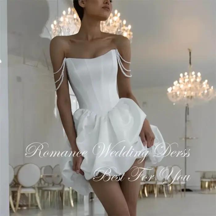 Robe de mariée courte en satin plissé moderne col bateau épaules dénudées dos ouvert soutien-gorge intégré pour femmes occasions spéciales