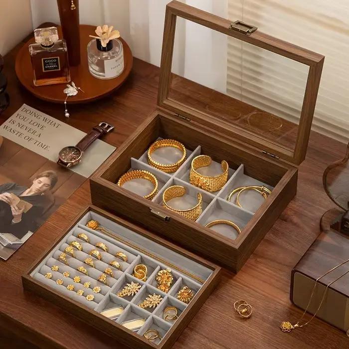 Boîte de rangement de bijoux en bois, boîte de rangement de boucles d'oreilles et de colliers, boîtes de rangement de bijoux pour bagues et bracelets pour femmes, vitrine de luxe