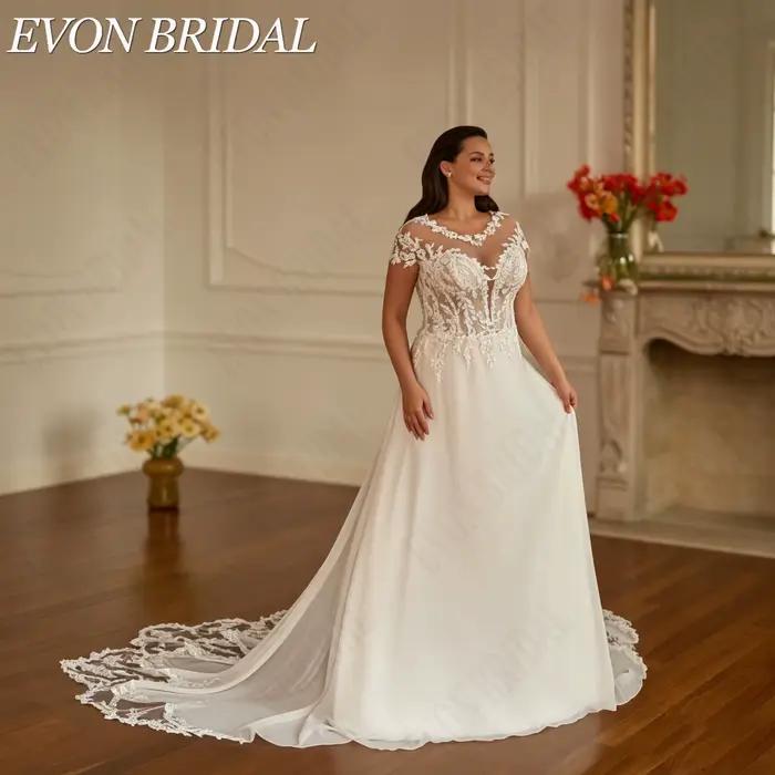 Robe de Mariage EVON BRIDAL en Mousseline Coupe A avec Manches Courtes Dos en Tulle Illusion et Soutien-Gorge Intégré pour Femmes Aux Formes Généreuses Occasions de Mariage et Plus