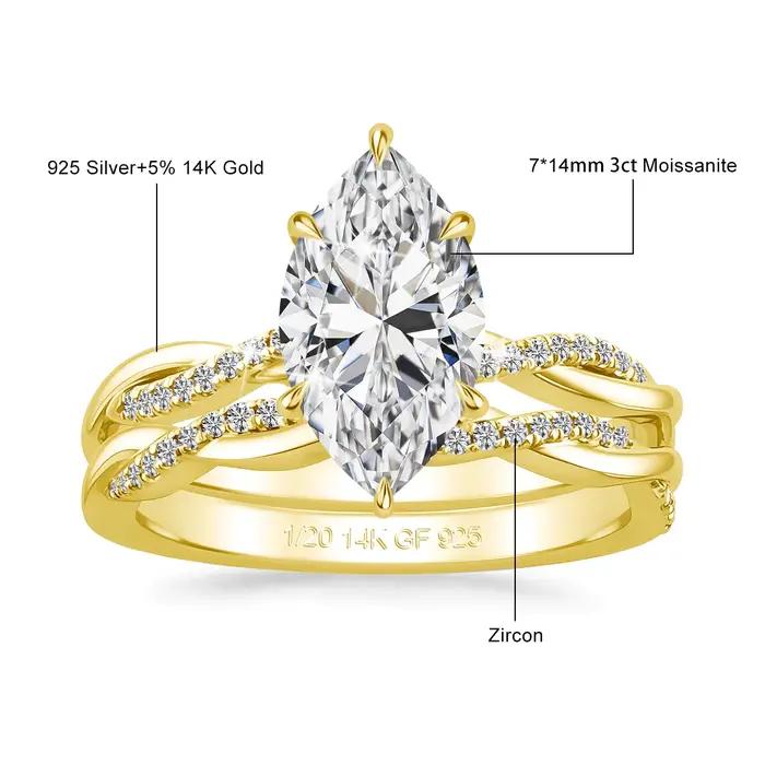 Ensemble de bague de fiançailles pour mariée en or 14 carats plaqué or 3