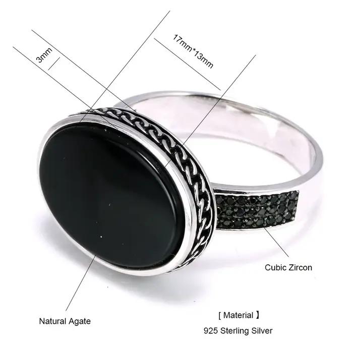 Bague en argent sterling 925 sertie d'onyx et agate pour homme et femme, alliance de mariage vintage avec pierre noire micro-pavée pour occasions spéciales