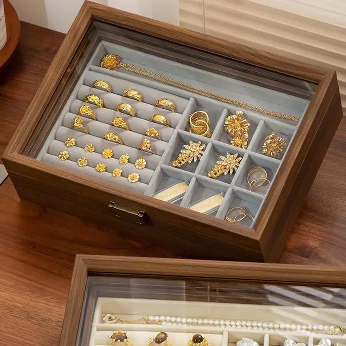 Boîte de rangement de bijoux en bois, boîte de rangement de boucles d'oreilles et de colliers, boîtes de rangement de bijoux pour bagues et bracelets pour femmes, vitrine de luxe