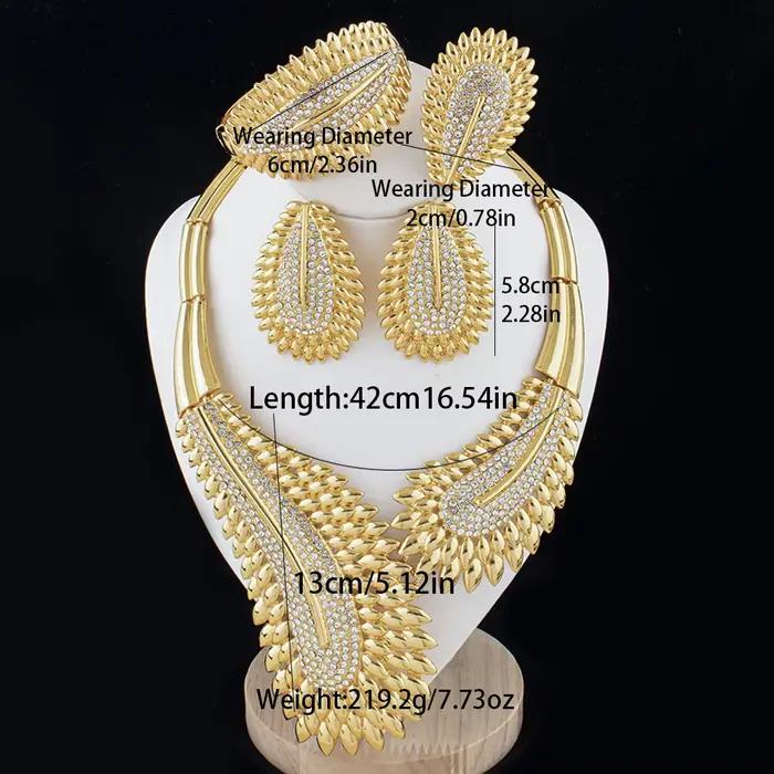 Ensemble de bijoux plaqués or pour femme, élégant à la mode, bague, collier, boucles d'oreilles et grand bracelet, cadeau pour mariage ou soirée de gala