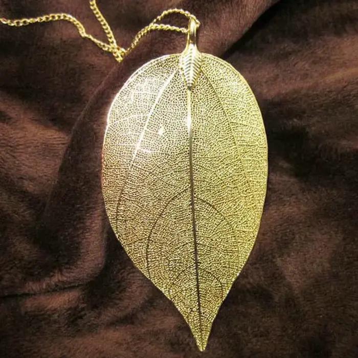 LOVBEAFAS Unique naturel véritable feuille Collier pour femmes filigrane longue déclaration Vintage