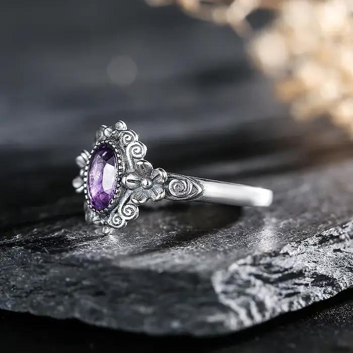 Bague en argent sterling 925 véritable avec améthyste 7x5mm, pierre de naissance, design floral vintage, anneaux ajustables, bijoux bohèmes, cadeau