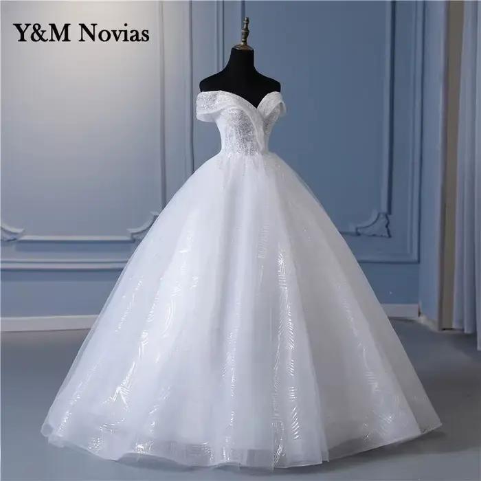 Y & m Novias-Robes de mariée en dentelle ivoire blanc cassé scintillant