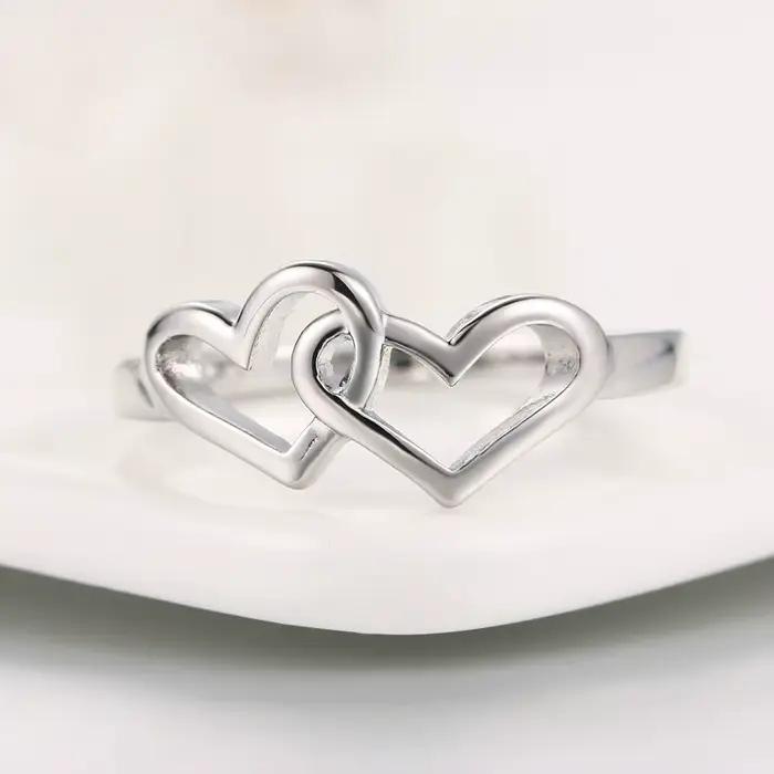 Bague Coeur à Coeur en Or Rose ou Plaqué Platine pour Femme, Alliance de Mariage, Bijou Fantaisie à Offrir pour Occasions Spéciales