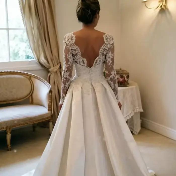 Robe de mariée élégante en Satin et dentelle, Vintage, dos nu, manches longues, sur mesure, 2020, 2022