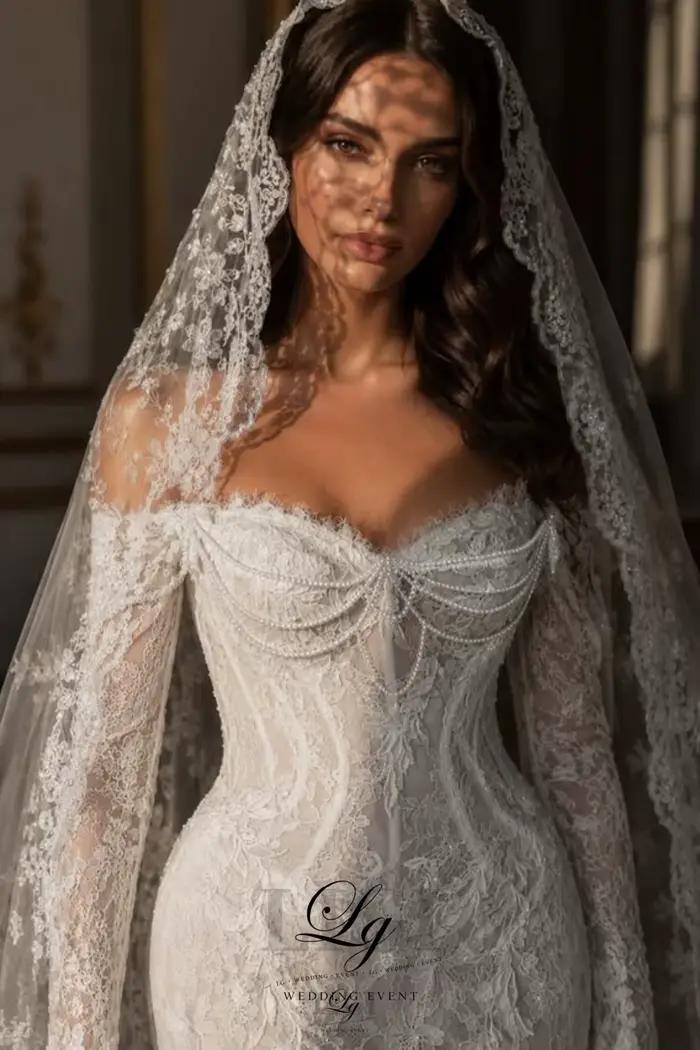 Robe de mariée sirène de luxe LIGI en dentelle intégrale avec manches longues et décolleté MON AMOUR pour femmes arabes occasions spéciales