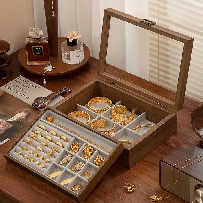 Boîte de rangement de bijoux en bois, boîte de rangement de boucles d'oreilles et de colliers, boîtes de rangement de bijoux pour bagues et bracelets pour femmes, vitrine de luxe