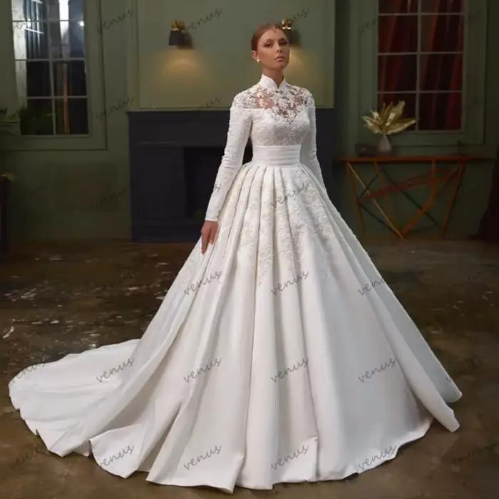 Robes de mariée modestes, robes de mariée classiques coupe A-line, robes en satin, appliques en dentelle, robes de mariée personnalisées 2026