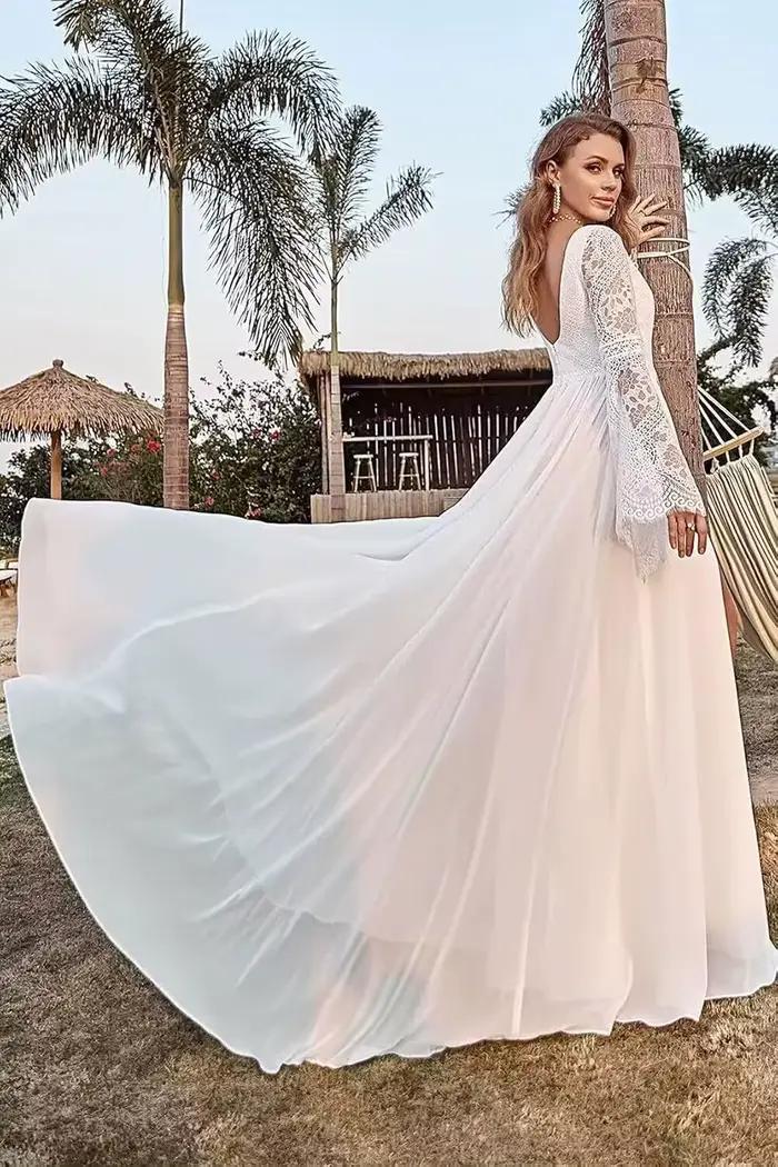 Robes de mariée personnalisées pour femme, coupe trapèze, avec manches évasées, appliques en dentelle, dos nu en mousseline, pour mariée de plage