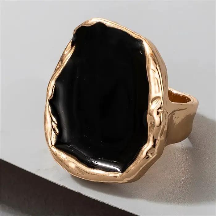 Grande bague bohème en métal et pierre noire pour hommes et femmes