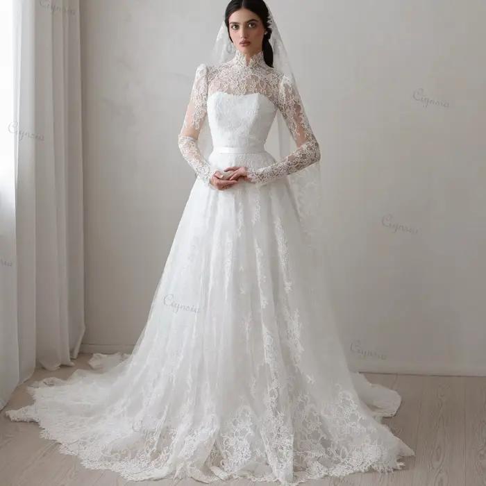 Robe de mariée élégante personnalisée en dentelle Ciynsia coupe trapèze col montant manches longues pour femmes occasions spéciales mariage grossesse