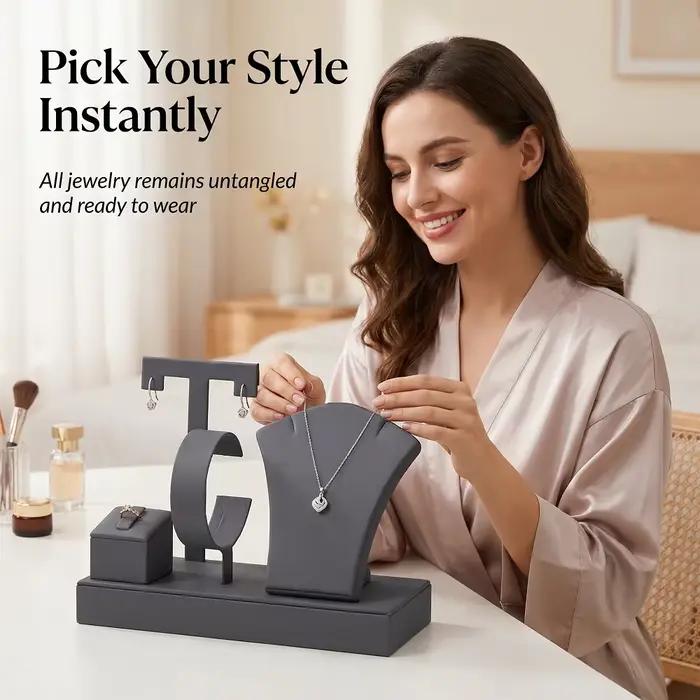 Ensemble de présentoirs à bijoux en cuir PU, 4-en-1 : buste à colliers, support à boucles d'oreilles, coussin à bagues, support à bracelets pour boutique et coiffeuse