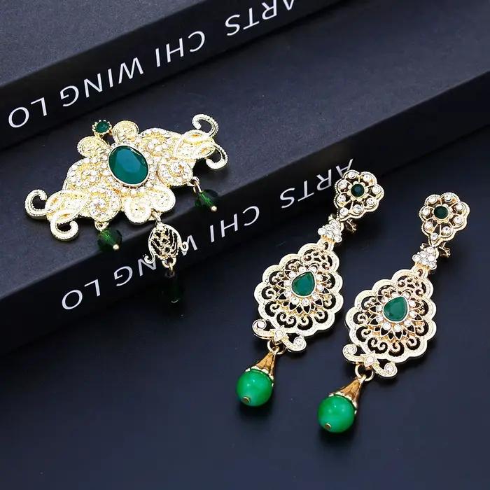 Sunspicems-Ensemble de boucles d'oreilles broche marocaine pour femme, boucle d'oreille goutte unique, document en or, style national arabe, caftan
