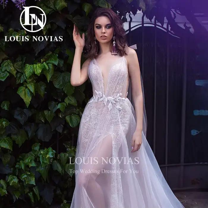 Robe de mariée trapèze LOUIS NOVIAS avec appliques de fleurs, col en V, tulle et mousseline pour femmes, mariage, célébrations et soirées spéciales