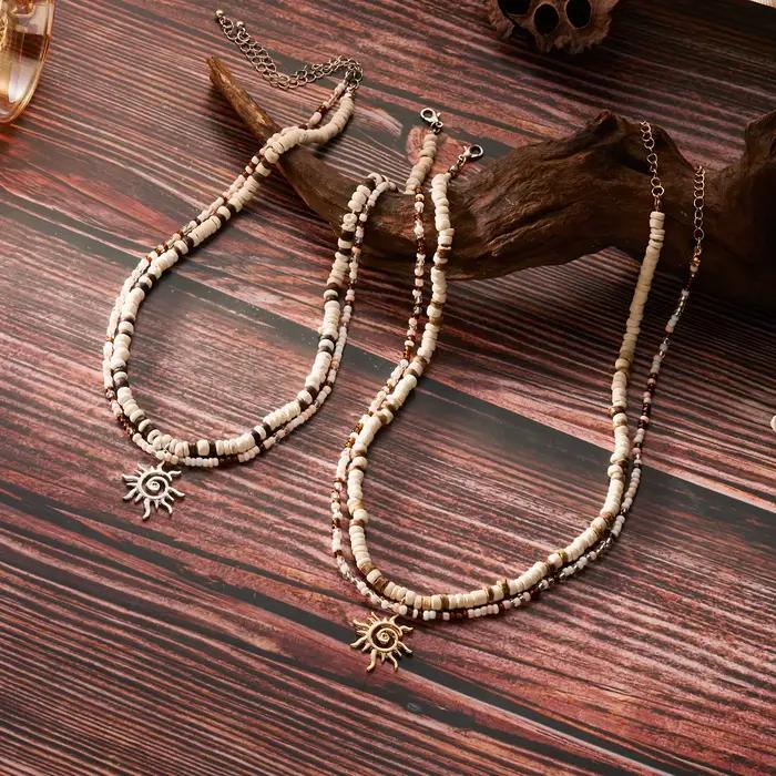 Collier Vintage Boho en perles de bois de noix de coco pour femmes, 2 pièces, pendentif soleil de Style ethnique, perles de riz, bijoux cadeaux de fête sur la plage