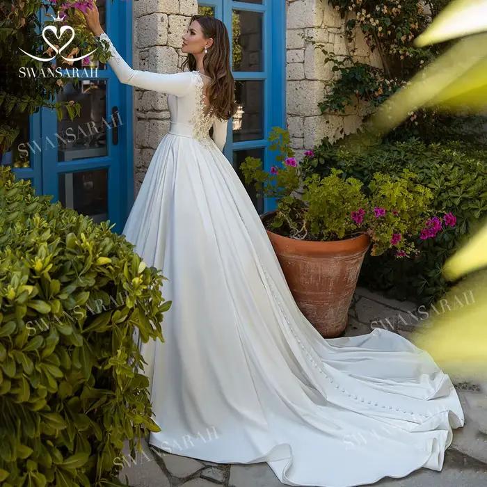 Robe de Mariée SwanSarah en Satin Doux, Coupe A, Modernes Appliques en Perles et Fleurs 3D, Taille Adaptative pour Femmes Enceintes Occasions Spéciales