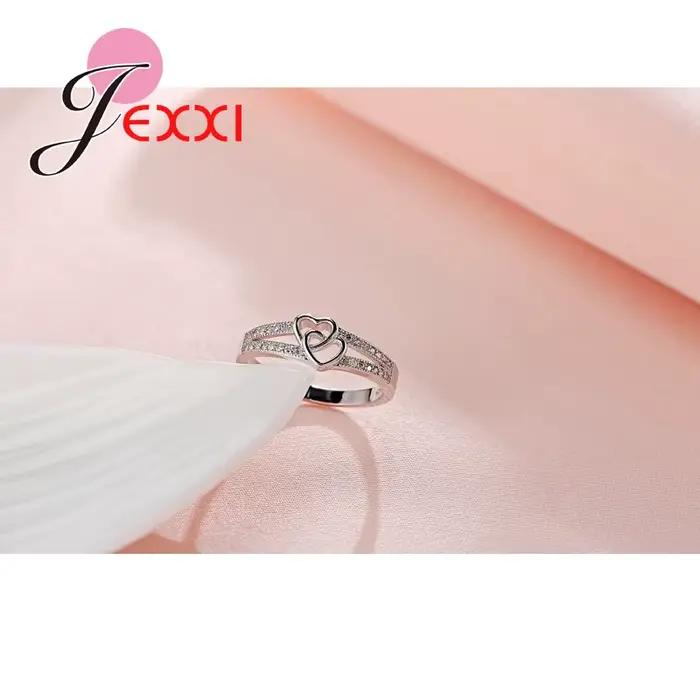 Bague en argent sterling 925 sertie de zirconium blanc romantique avec double cœur pour femmes occasions spéciales fiançailles mariage anniversaire party soirée chic