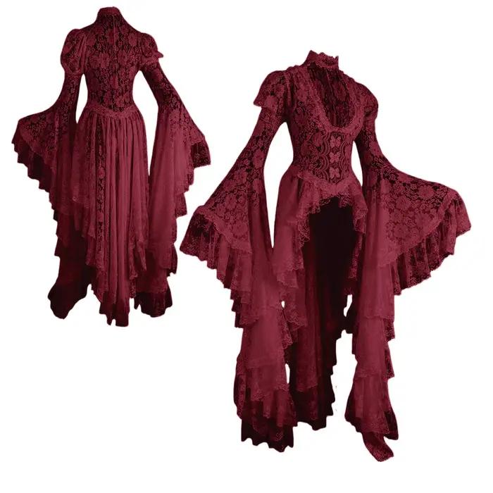 Robe décontractée polyester dentelle sangles manches évasées col en V occasion spéciale femme Halloween soirée festive