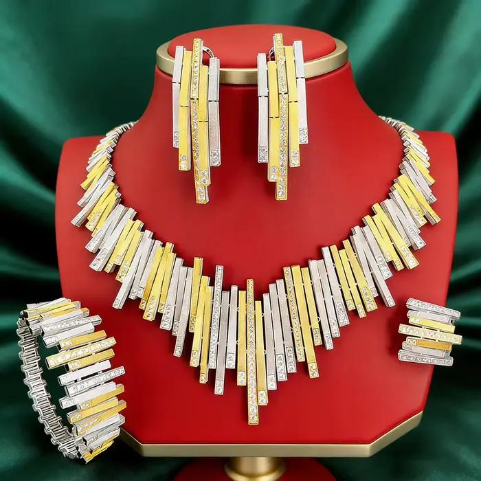Nouvel ensemble de bijoux de luxe en maille dorée, collier, boucles d'oreilles, bracelet et bague pour occasions spéciales, le cadeau idéal
